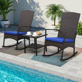 Outdoor PE Wicker Rocking Chair 3-Piece Patio Rattan Bistro Set 2 Rocker Armchair and Glass Coffee Side Table Furniture Washable Lacing Cushions, Blue