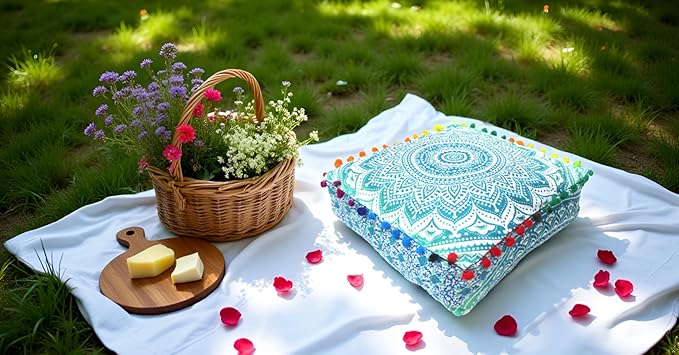 CRAFT KALA Green Ombre Large Hippie Mandala Meditation Floor Ottoman Pillow Cushion Pouf Cover Square Poufs Bohemian Circle Floor Cushion Case Outdoor Fireplace Yoga Living Room Decor Cover 24" Square