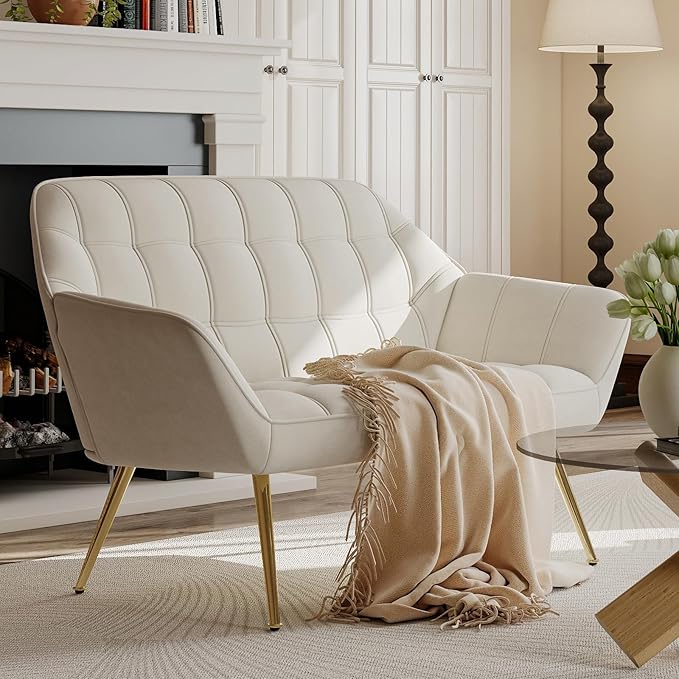 48" Small Loveseat Sofa, Mid Century Modern Velvet Love Seat with Golden Legs 2-Seat Sofa Couch Tufted Wingback Upholstered Sofa Chair for Living Room Bedroom Apartment, Cream