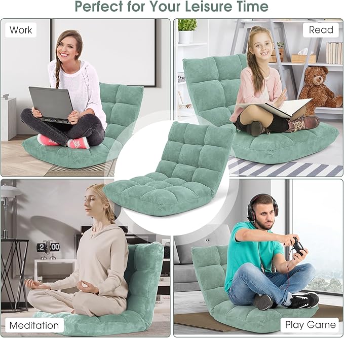 IFANNY Floor Chair with Back Support, Foldling Gaming Sofa Chair with Comfy Cushion, Adjustable 14-Position Meditation Chairs, Lazy Lounge Recliner Reading Seat for Adults, Kids (Green)