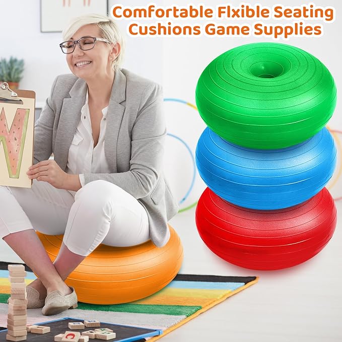 Lewtemi 4 Pcs Flexible Seating for Classroom Elementary 20 Inch Yoga Ball Chair Inflatable Donut Ball Chair with Inflator for Kids Student Sensory Balance Office Exercise