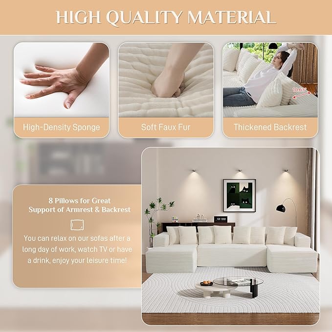 Modular Sectional Sofa, 130" U Shaped Cloud Couch Plush Corduroy Comfy Deep Seat Boneless Sofas with 8 Pillows Double Chaise Lounge Sectional Couches with Memory Foam for Living Room - Beige White