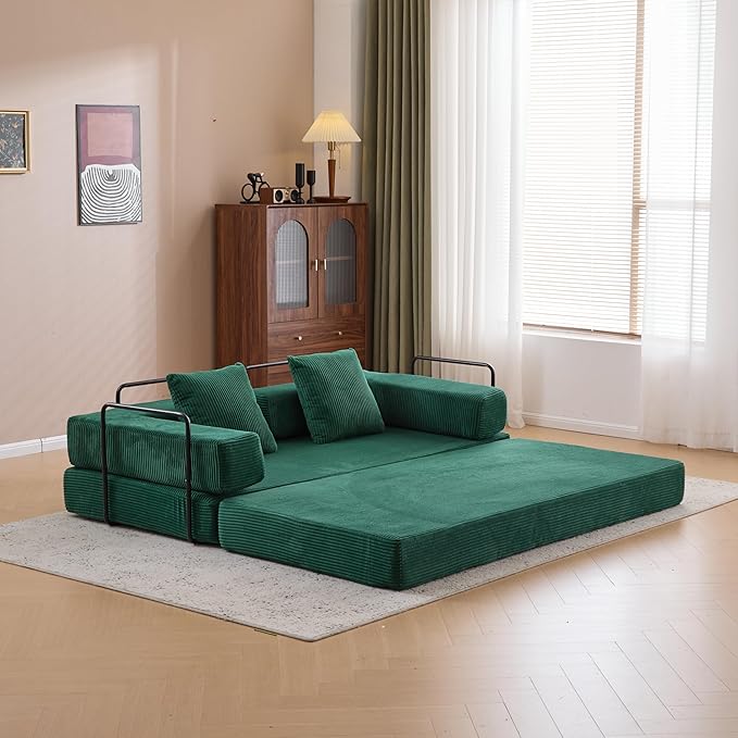 Floor Couch with Pillow Back Support and Armrest, Convertible Sofa Bed for Living Room or Bedroom, Corduroy Fabric Comfort Sleeper
