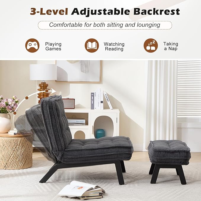 ANJ Accent Chair with Ottoman Adjustable Backrest, Living Room Chair Tufted Upholstered Lounge Chair with Footrest Set, Modern Chair Cozy Reclining Chair for Reading Room Bedroom