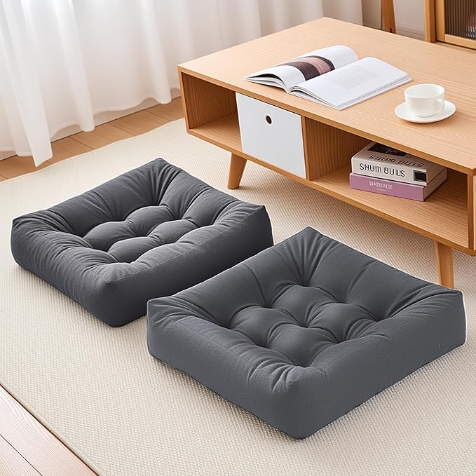 Tikuns 2Pcs Floor Pillows for Adults, 22 * 22 * 6 Inch Meditation Cushions, Large Square Sitting Cushion Living Room Memory Foam Pillow for Sitting (2, Grey, 22x22x6 Inch)