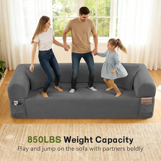 GJQ 3 Seater Couch, Corduroy Boneless Couches for Living Room,Compressed Cloud Sofa in a Box with 2 Pillows & Storage Bag,Memory Foam Floor Sofa with Armrests,No Assembly Required,Gray