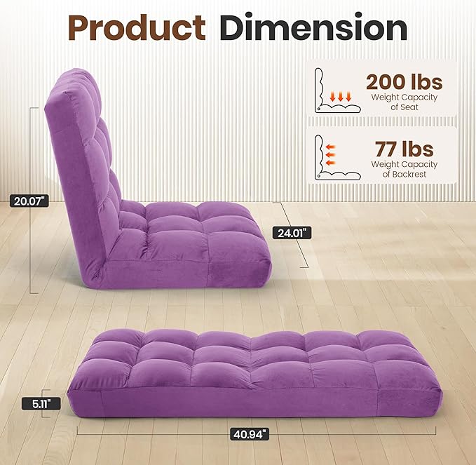 GARTMILAN Large Lazy Sofa, 24-inch Wide Plush Velvet Adjustable Floor Chair, 14-Position Armless Sofa(Purple)