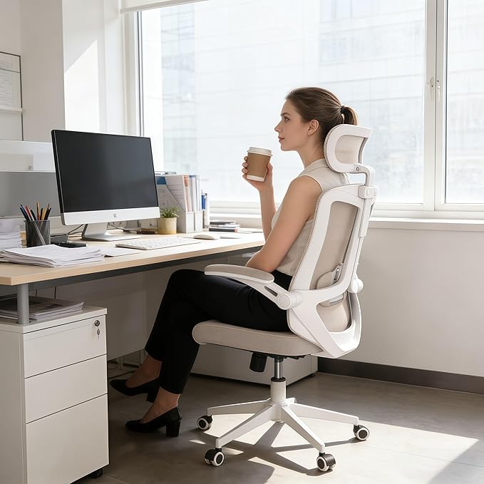 Ergonomic Office Chair - 400LB Comfy Desk Chairs with Adjustable Headrest and Lumbar Back Support, Mesh Computer Chairs with Wheels and Arms for Home Office, Study (Khaki-with Headrest)