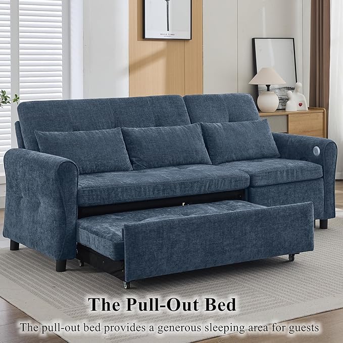 Gagawin 2 in 1 Convertible Sofa Bed with Reversible Recliner, Chenille 3-Seater Couch Sleeper with Pull Out Bed & Adjustable Backrest & Dual USB Charging Ports for Living Room, Blue