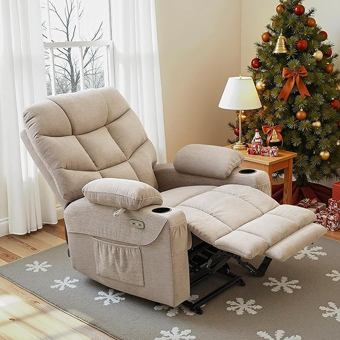 MCombo Power Lift Recliner Chair with Extended Footrest for Elderly People, Fabric 7287 (Oatmeal, Medium)