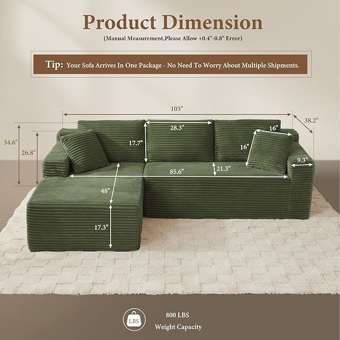 105" Sectional Couches for Living Room Cloud Couch Sofa with L-Shape Upholstered Boneless Couchs Modern Modular Sectional Couch with Chaise (Green, 105" W+Left Facing Chaise+2Seaters)