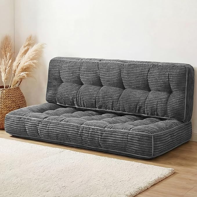 Vercraft 63 Inch Folding Bench Cushion, 4 Inch Thick 2-in-1 Convertible Long Floor Lounger Boneless Cushions Couch Mattress Upholstered for Yoga, Reading, Sleeping, Meditation Living Room(Dark Grey)