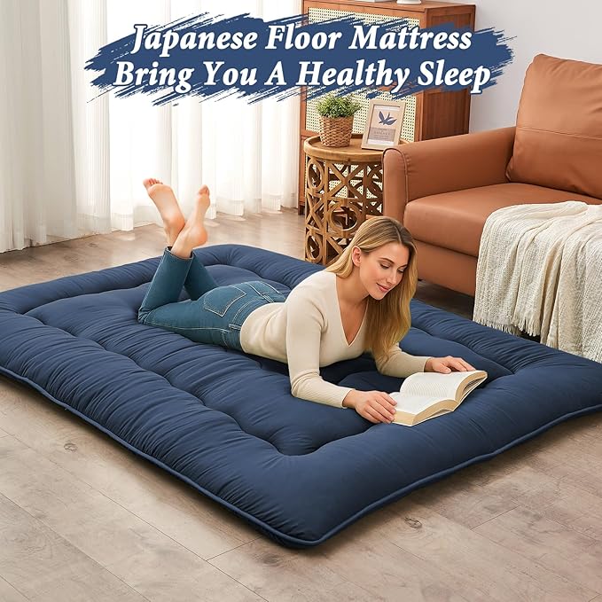 DAICO Japanese Floor Mattress, 4'' Thicken Futon Mattress Tatami Mat, Sleeping Pad Foldable Roll Up Mat for Camping and Guest Room, Twin Size 39''*80'', Navy