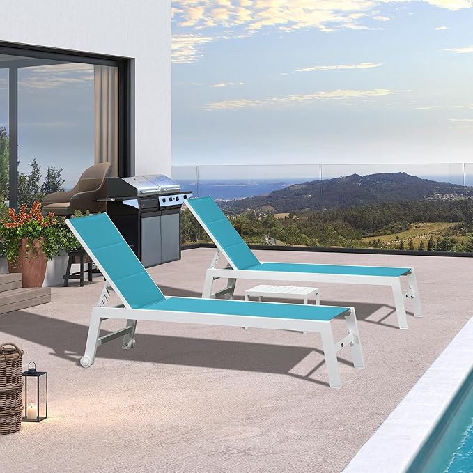 PURPLE LEAF Outdoor Oversized Chaise Lounge Set for Tall & Strong Individuals Adjustable Recliner Extra Wide Lounge Chairs with Side Table for Poolside Beach Patio Aluminum Chaise Lounger Blue