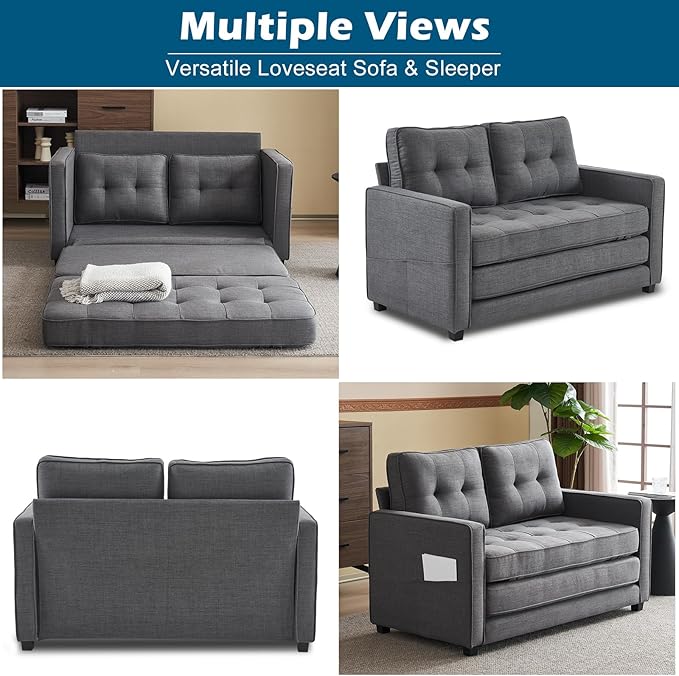 VINGLUpgraded Loveseat Sleeper, 53.5" W 83" L Convertible Sofa Bed Couch Futon Couches for Living Room, Twin Folding Couch Bed for Small Spaces, Foldable Floor Gaming Sofa Bed for Basement, Dark Grey