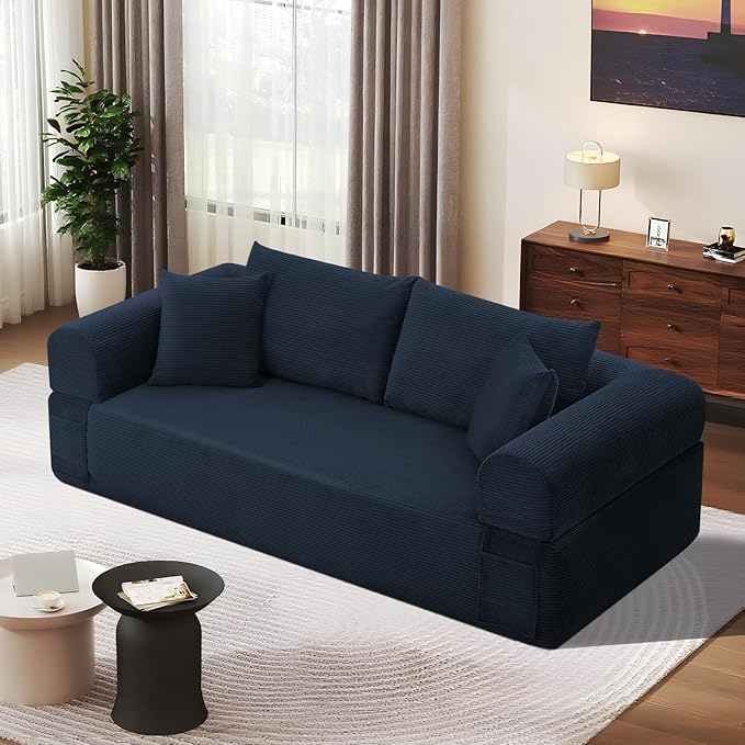 83" Sofa in a Box, 3 Seater Couch No Assembly Boneless Sofa Bed with Cushion Back 2 Matching Pillows Deep Seat Corduroy Fabric Side Storage Pockets for Living Room, Bedroom, Apartment, Office, Blue