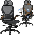 ELABEST X100 Ergonomic Office Chair with Footrest, Big and Tall Home Desk Chair with 5D Flip-Up Arms, Adjustable 3D Lumbar Support,High Back Rolling Computer Chair, Swivel Mesh Chairs (Library Oak)