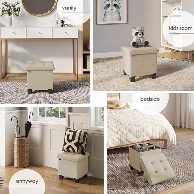 Storage Ottoman Cube with Small Bin, 16-in Square Ottoman with Storage for Living Room and Bedroom, Small Ottomans Foot Rest, Fabric Foot Stools Ottomans Max 330lbs, Beige