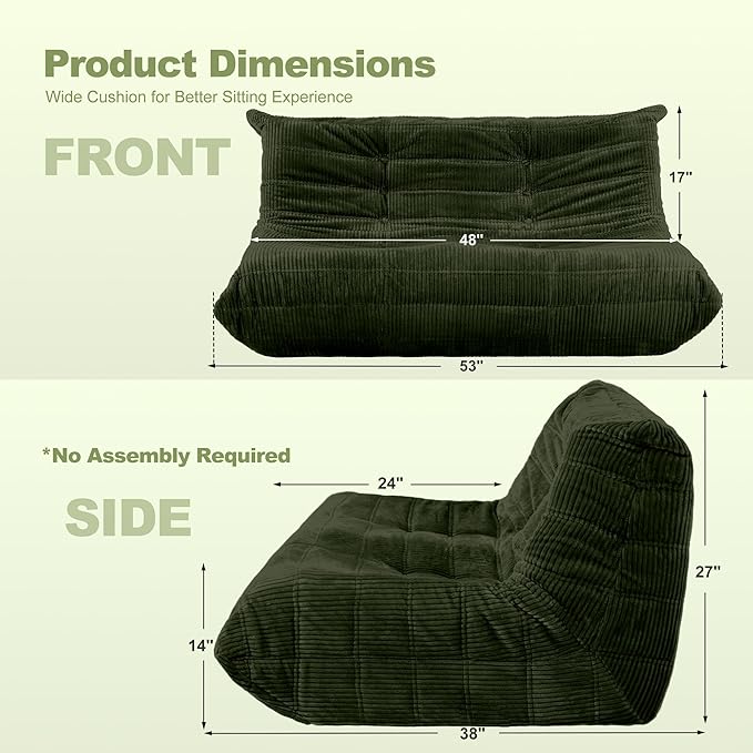 Bean Bag Chair,Giant Beanbag Chairs for Adults,Comfy Large Fireside Chair Lazy Sofa,Corduroy Bean Bag Lounger with Memory Foam Filled,Floor Sofa Couch for Home,Living Room (Green, Loveseat)