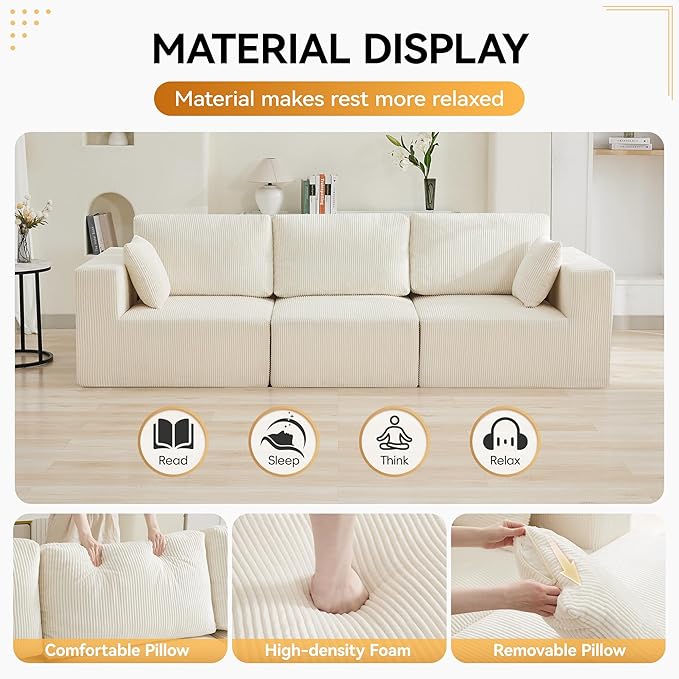 115'' Comfy Boneless Couch, Upholstered Deep Seat Modular Cloud Sofa, No Assembly Corduroy Compression 3 Seater Sofa Couch for Living Room, Beige