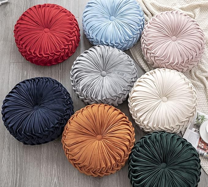 vctops Christmas Red Velvet Seat Cushions Round Floor Pillows Thicken Chair Cushions Pleated Chair Pads Seat Pad Throw Pillows for Bedroom Living Room (Red,Diameter 14")