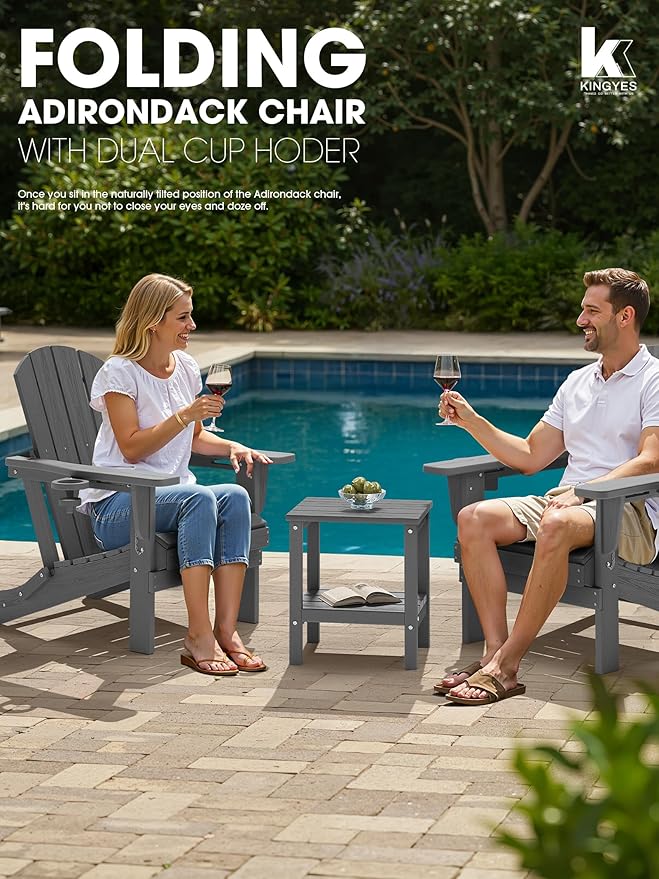 KINGYES Folding Adirondack Chair with Dual Cup Holders - HDPE All-Weather Outdoor Chairs, Wood-Like Patio Chair for Backyard, Camping, Pool & Fire Pit, Grey