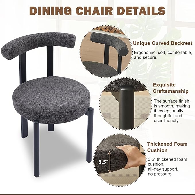 Kiztir Boucle Dining Chairs Set of 2, Modern Dining Room Chairs with Curved Backrest and Black Metal Legs, Upholstered Round Dining Accent Chairs for Kitchen, Living Room, Bedroom (Gray)