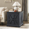 Barnyatoh Farmhouse End Table with Charging Station,24" Large Sofa Side Table with Barn Door, Rustic Wood Square Nightstand Bedside Table with Adjustable Storage Shelf for Living Room, Bedroom,Black