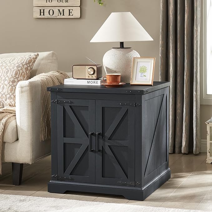 Barnyatoh Farmhouse End Table with Charging Station,24" Large Sofa Side Table with Barn Door, Rustic Wood Square Nightstand Bedside Table with Adjustable Storage Shelf for Living Room, Bedroom,Black