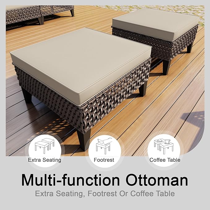 14 Pieces Patio Furniture Set, Wicker Rattan Outdoor Conversation Sets with Footstool, Modular Sectional Seating Set 2 Three Seater Sofa & 4 Single Armchairs & 4 Ottomans for Home (Beige Cushions)