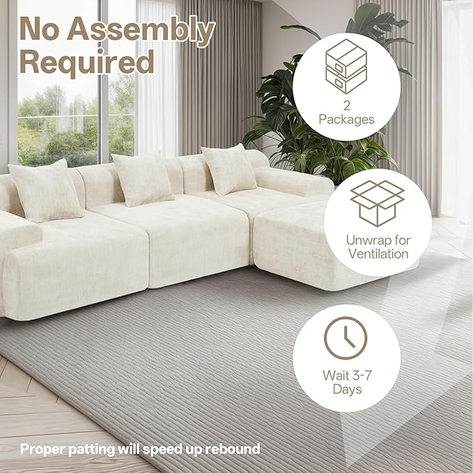 119’’ Modular Compression Sofa, L-Shaped Cloud Sectional Couch with Chaise & Deep Seating, Modern Upholstered Living Room Couch with Removable Pillows, Easy Expand Design, Beige Chenille Fabric