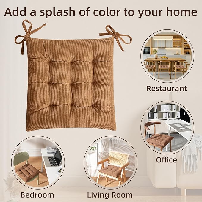 HLOVME Corduroy Chair Cushion with Ties Ultra Soft Warm Floor Cushion for Kids Reading Nook Comfortable Square Seat Cushion for Adult 15.7”x15.7” Set of 2, Khaki