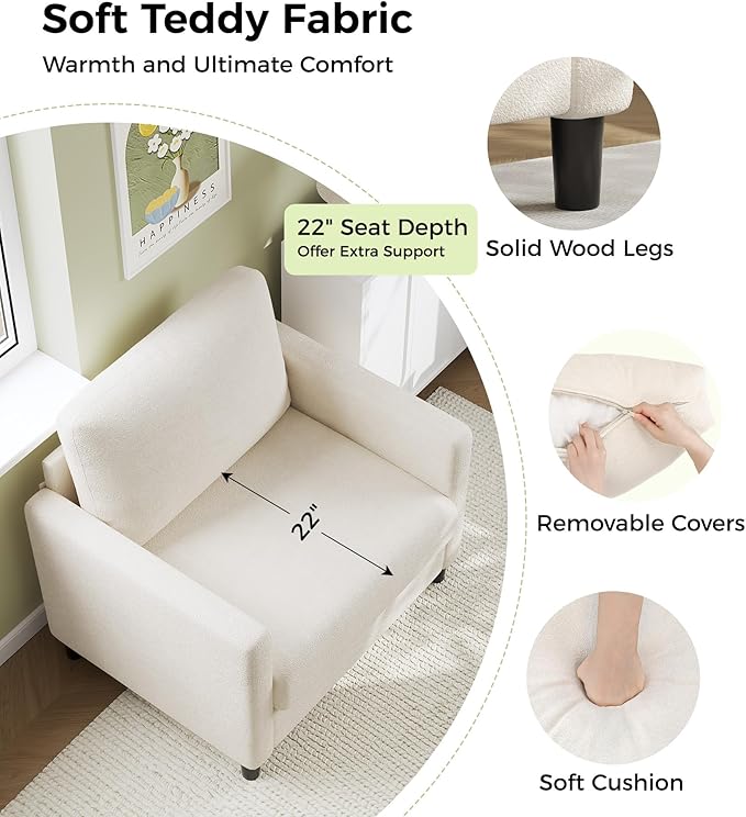Sofa Accent Chair, 33" Reading Chair for Bedroom, Tool-Free Setup Living Room Accent Chairs, Comfy Arm Chairs Living Room, All-Wood Reading Nook, Beige