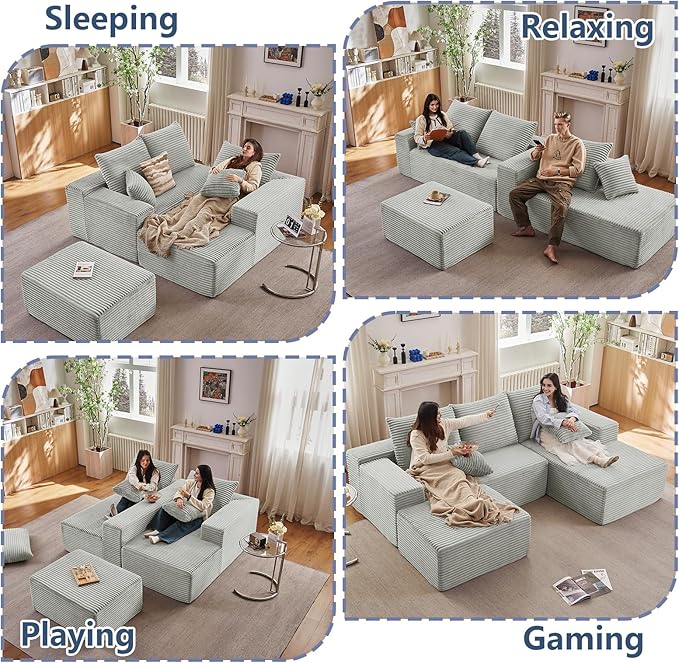 107" W Cloud Sectional Couch with Ottoman,Modern U-Shaped Cloud Couch with Deep Seat,Comfy Corduroy 3-Seater Sofa,Memory Foam Sofa for Living Room,No Assembly (Grey,Right-Facing Chaise)