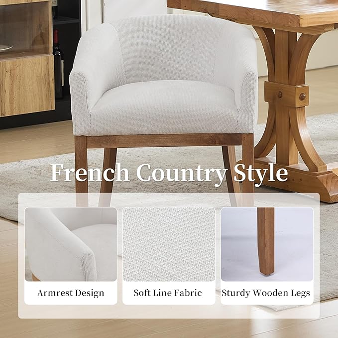 Shenyon Mid Century Modern Dining Chairs Set of 4, Upholstered Linen Fabric Dining Room Chairs with Arms and Solid Wood Legs, Comfy Barrel Accent Chairs for Dining Room, Living Room, or Cafe,Beige