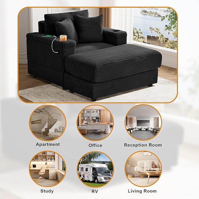 DAMAIFROM Oversized Chaise Lounge Chair Indoor with USB, Cup Holder & Ottoman, Firm Solid Wood Frame with Long Service Life Corduroy Oversized Lounge Reading Chair for Study Room - Black
