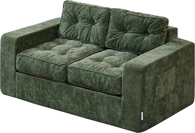 Hobestluk Sofa Couch Loveseat Sofa with Chenille Fabric 2-Seater Sofa for Small Spaces Comfortable Foam Floor Sofa 2 in 1 Boneless Couch for Living Room Bedroom Apartment or Office (Green, Loveseat)