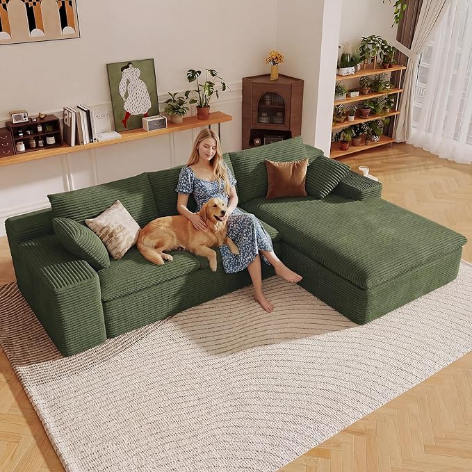 107" Cloud Sectional Couch with L-Shape Chaise,Corduroy Viral Boneless Sofa for Living Room,Modern Memory Foam Couches in a Box with Deep Seat,No Assembly Required (Green,Right-Facing Chaise)