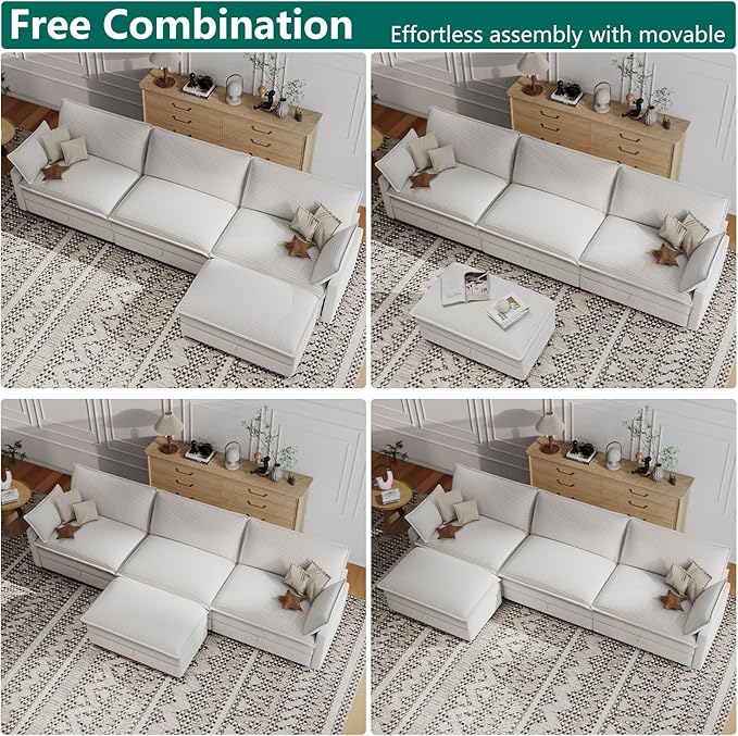 Modular Sectional L Shaped Sofa Couches with Storage Ottoman, Cloud Couch for Living Room, Comfy Sofa with Pillow, White