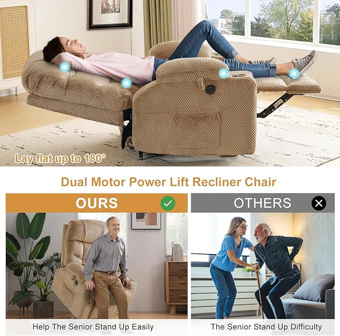 CDCASA Oversized Dual Motor Lay Flat Power Lift Recliner Chair with Massage, Heat, Textile Infinite Position Large Recliner Chairs for Big Men & Elderly, Lumbar Pillow, USB & Type-C Ports,2PCS, Beige