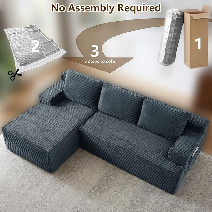 96.1" Modular Sectional Sofa Couches L-Shape Couch 3 Seat Modular Sofa Corduroy Memory Foam Sectional Boneless Couches for Living Room, Cloud Couch with Oversized Chaise(Dark Gray, Left Facing)