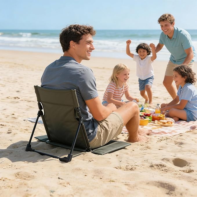 Extra large folding camping backrest with cup holder,Lightweight portable outdoor large chair for beach, park, lawn, and travel,Aluminum frame, comfortable & durable lazy backrest (Olive Green)