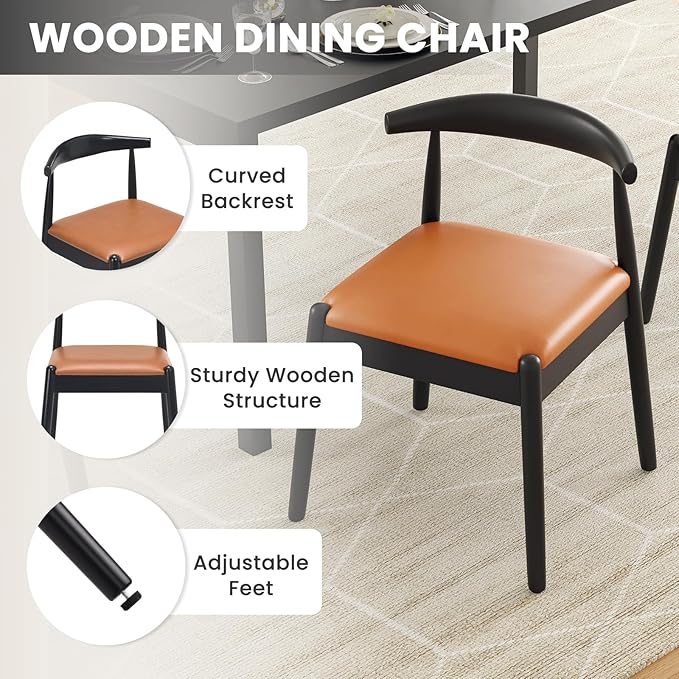 Farini Mid Century Modern Dining Chairs Set of 2, Solid Wood Frame Kitchen Chairs with PU Leather Upholstered Seat for Dining Room & Breakfast Nook,Black-Whiskey Brown