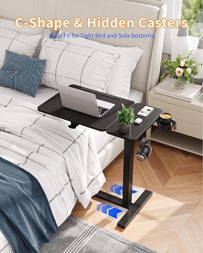 YIHAYO Adjustable Overbed Bedside Table with Wheels, 28 x 16 Inches Electric Mobile Standing Desk, Laptop Desk, Movable Overbed Tables Hospital Home Use, Black