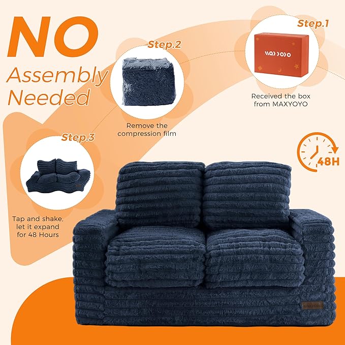 MAXYOYO Extra Wide Kids Bean Bag Chair, Comfy Faux Fur Bean Bag Sofa with Filler, Upholstered Floor Sofa with Pillows and Armrests, Lazy Floor Chair Couch for Boys and Girls, Navy