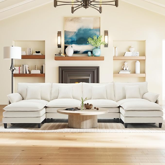 Comfy Cloud Couch with Movable Ottoman, Modular Sectional Sofa, 140" U Shaped Modern Sofa with Pillows, Deep Seat Couches for Living Room, Bedroom and Apartment, Beige