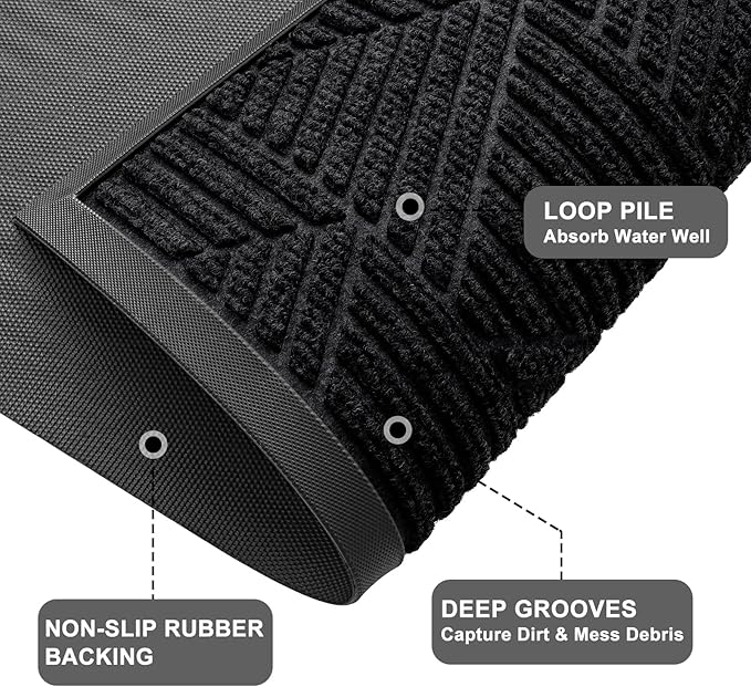 Kitinjoy Front Door Mat Outside Entrance, Sturdy Natural Dirt Trapper, Heavy Duty Rubber Doormat, Low Profile Non-Slip Backing, Easy Clean Floor Mat for Indoor Outdoor Entry, 29.5X17 Inch, Black