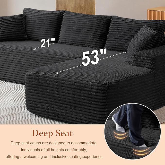 HYJT-H&K Modular Sectional Sofa Cloud Sectional Couch, 95" Comfy Fluffy L Shaped Black Couches for Living Room, Deep Seat Memory Foam Plush Corduroy Boneless Couch Sectionals Right Facing Chaise Sofa