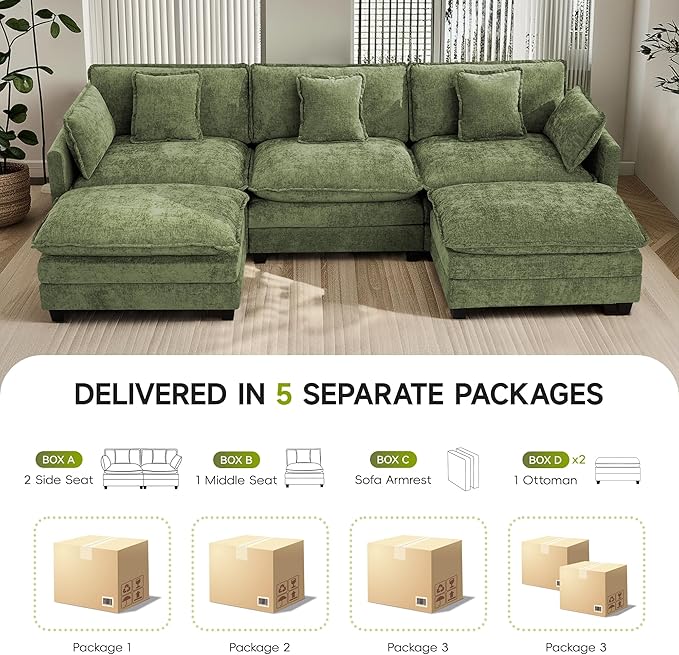 UMBFUN 3-Seater Cloud Couch with 2 Ottomans, Oversized Modular Sectional U Shaped Sofa with Deep Seat Cushions, Comfy Chenille Couch for Living Room, Green