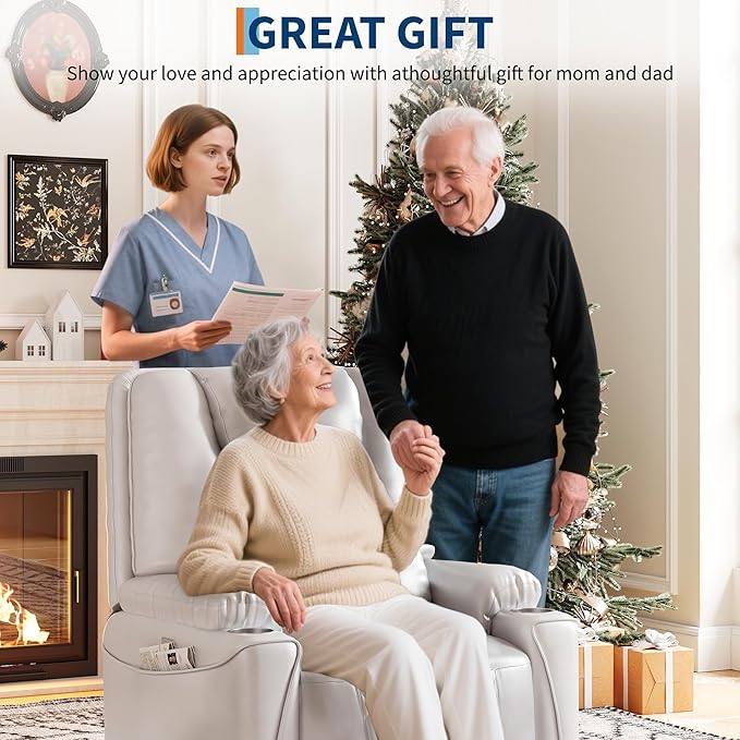 Power Lift Recliner Chair, Easy Lift Assist for Elderly, 3-Position Recline, Storage Pockets & Cup Holders, USB Charging Ports, Remote Control Operation, Living Room or Bedroom Comfort, White